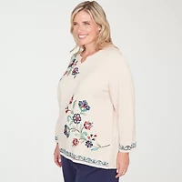 Alfred Dunner Plus Saratoga Springs Womens Crew Neck 3/4 Sleeve Floral Pullover Sweater