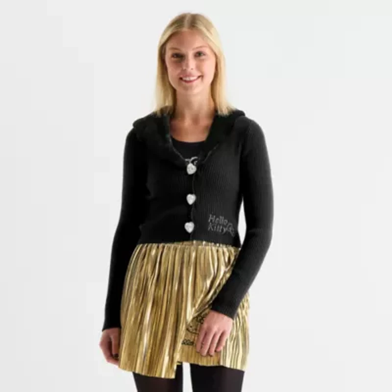 Juniors Girls Night Out Fur Trim Womens V Neck Long Sleeve Hello Kitty Pullover Sweater