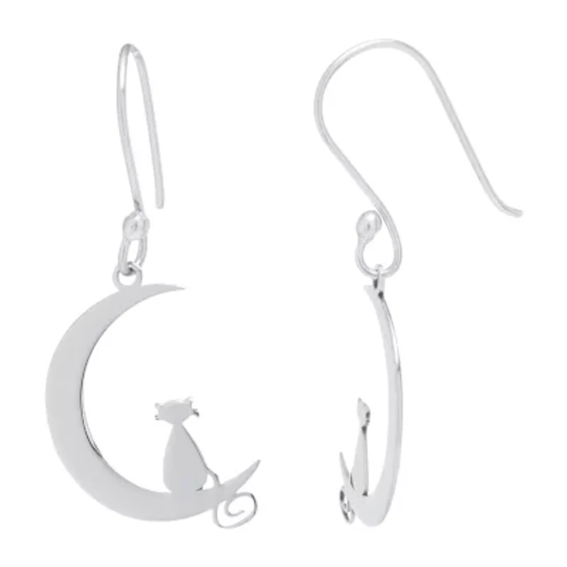 Silver Treasures Cat Womens Sterling Silver Moon Drop Earrings