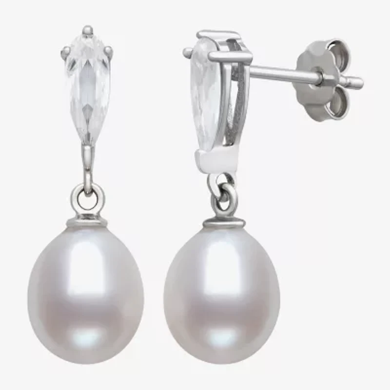 Womens Genuine White Cultured Freshwater Pearl Sterling Silver Drop Earrings