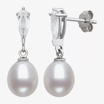 Womens Genuine White Cultured Freshwater Pearl Sterling Silver Drop Earrings