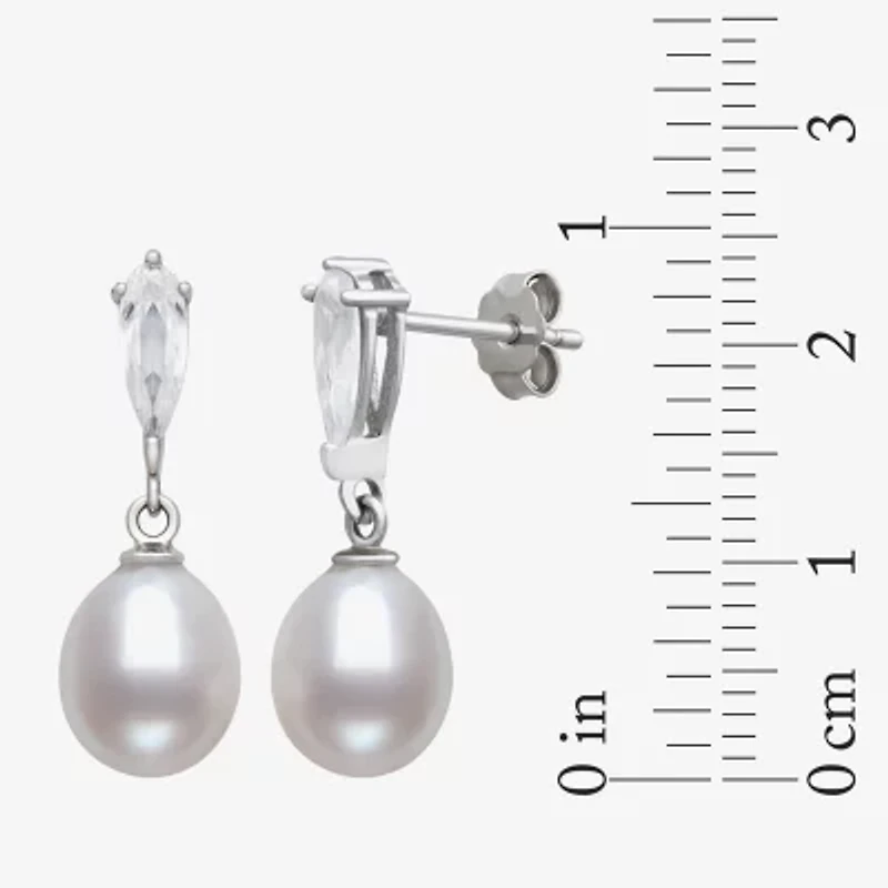 Womens Genuine White Cultured Freshwater Pearl Sterling Silver Drop Earrings