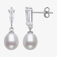 Womens Genuine White Cultured Freshwater Pearl Sterling Silver Drop Earrings