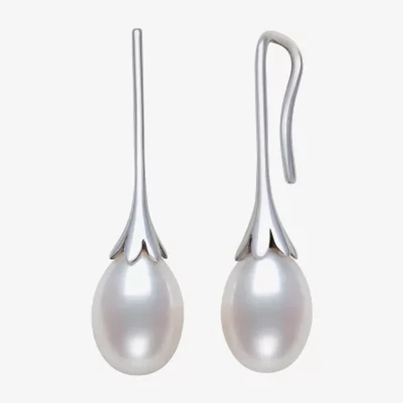 Womens Genuine White Cultured Freshwater Pearl Sterling Silver Drop Earrings