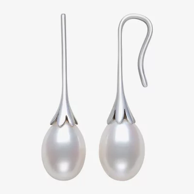 Womens Genuine White Cultured Freshwater Pearl Sterling Silver Drop Earrings
