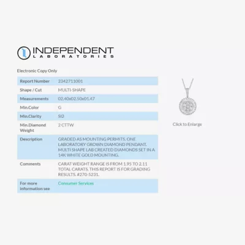 (G / Si2) Womens 2 CT. T.W. Lab Grown White Diamond 14K Gold Round 18 Inch Pendant Necklace