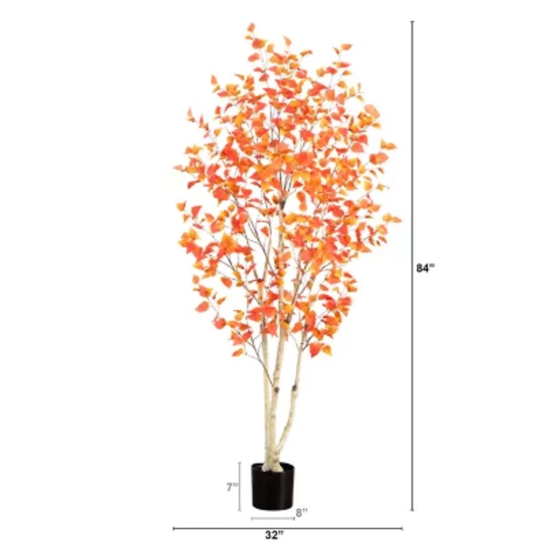 Nearly Natural 7' Orange Autumn Birch Artificial Tree