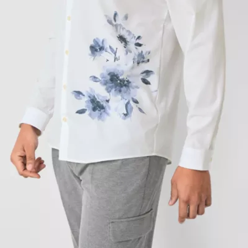 J. Ferrar Mens Long Sleeve Cuffed Slim Fit Button-Down Shirt