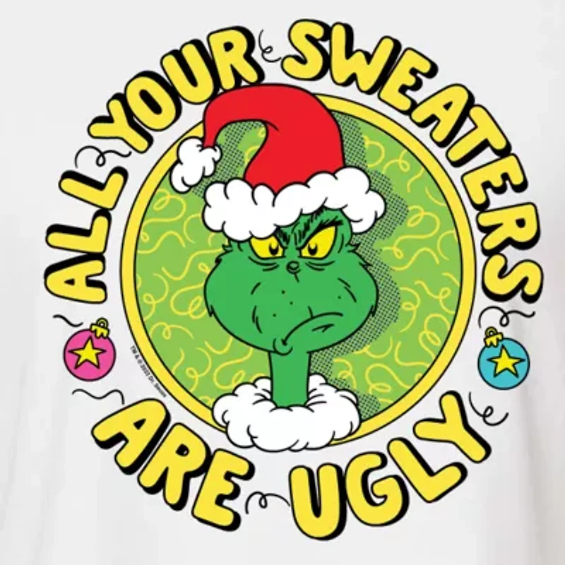 Grinch Ugly Cropped Womens Juniors Crew Neck Short Sleeve Regular Fit Dr. Seuss Graphic T-Shirt