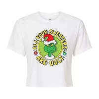 Grinch Ugly Cropped Womens Juniors Crew Neck Short Sleeve Regular Fit Dr. Seuss Graphic T-Shirt