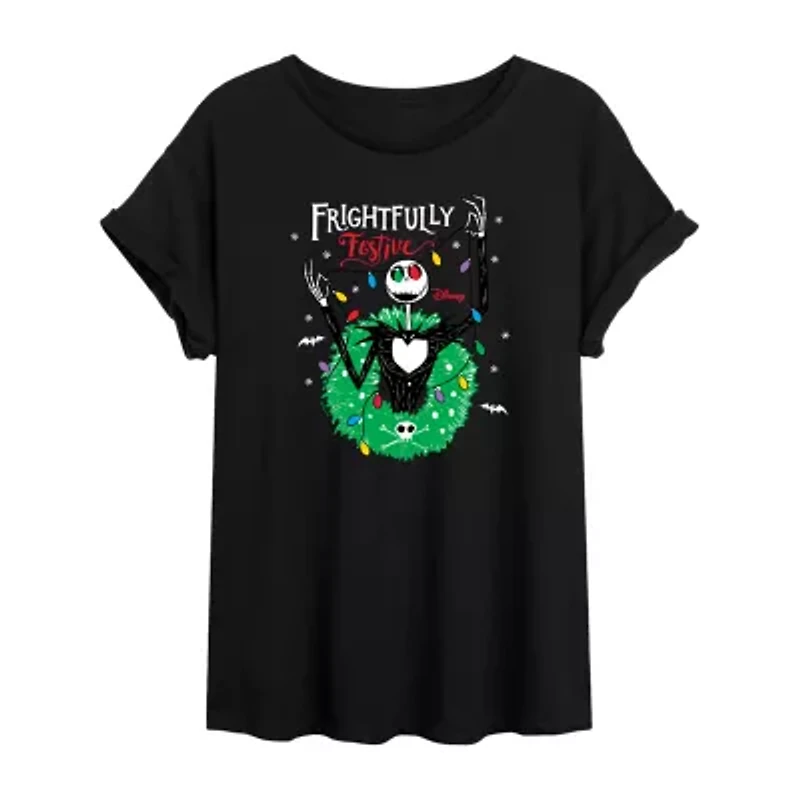 Tim Burton'S Frightfully Festive Tee Womens Juniors Crew Neck Short Sleeve Regular Fit Nightmare Before Christmas Graphic T-Shirt