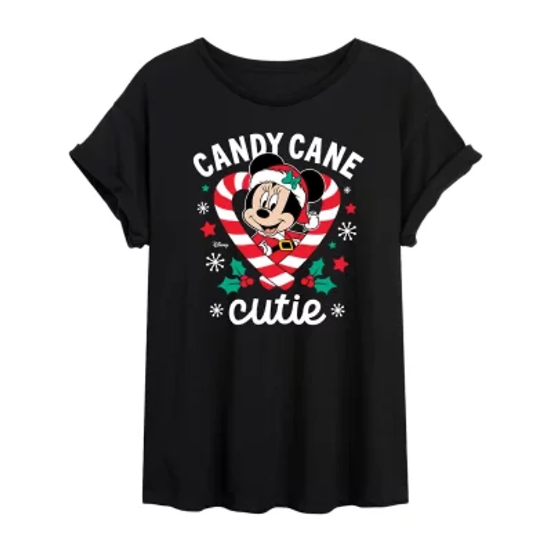 Disney Candy Cane Cutie Tee Womens Crew Neck Short Sleeve Regular Fit Minnie Mouse Juniors Graphic T-Shirt