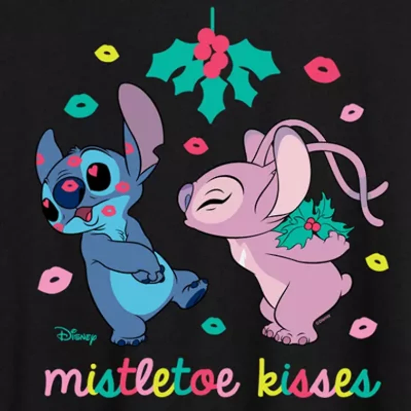 Misletoe Kisses Womens Juniors Crew Neck Short Sleeve Regular Fit Lilo & Stitch Graphic T-Shirt