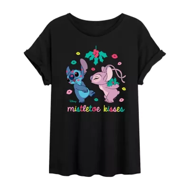 Misletoe Kisses Womens Juniors Crew Neck Short Sleeve Regular Fit Lilo & Stitch Graphic T-Shirt