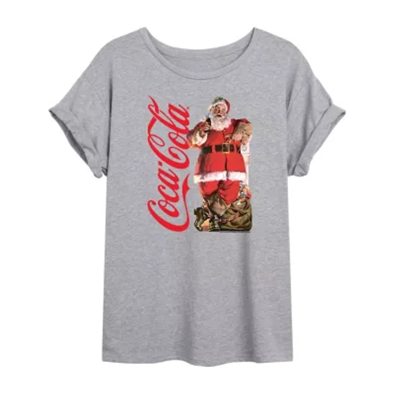 Coca-Cola Santa Tee Womens Juniors Crew Neck Short Sleeve Regular Fit Graphic T-Shirt