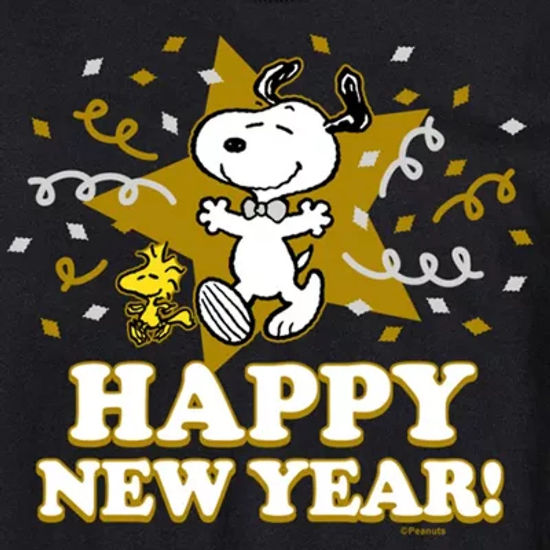 Snoopy Happy New Year Womens Juniors Crew Neck Short Sleeve Regular Fit Peanuts Graphic T-Shirt