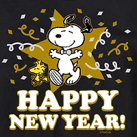 Snoopy Happy New Year Womens Juniors Crew Neck Short Sleeve Regular Fit Peanuts Graphic T-Shirt