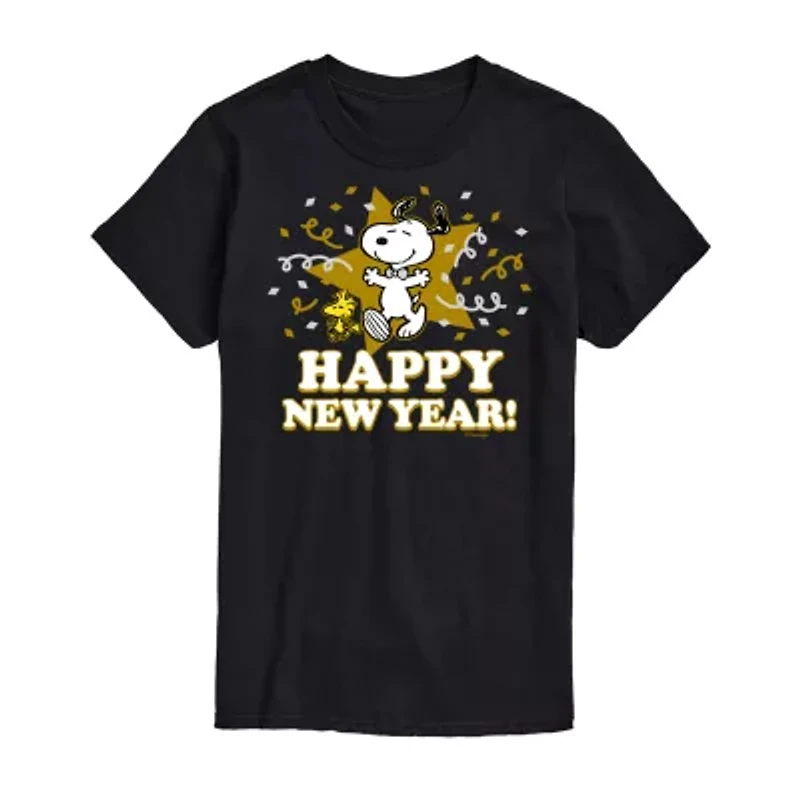 Snoopy Happy New Year Womens Juniors Crew Neck Short Sleeve Regular Fit Peanuts Graphic T-Shirt