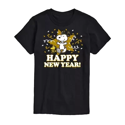 Snoopy Happy New Year Womens Juniors Crew Neck Short Sleeve Regular Fit Peanuts Graphic T-Shirt