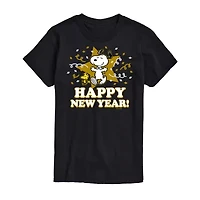 Snoopy Happy New Year Womens Juniors Crew Neck Short Sleeve Regular Fit Peanuts Graphic T-Shirt