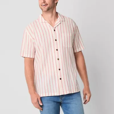 St. John's Bay Textured Button-Down Mens V Neck Short Sleeve Camp Shirt