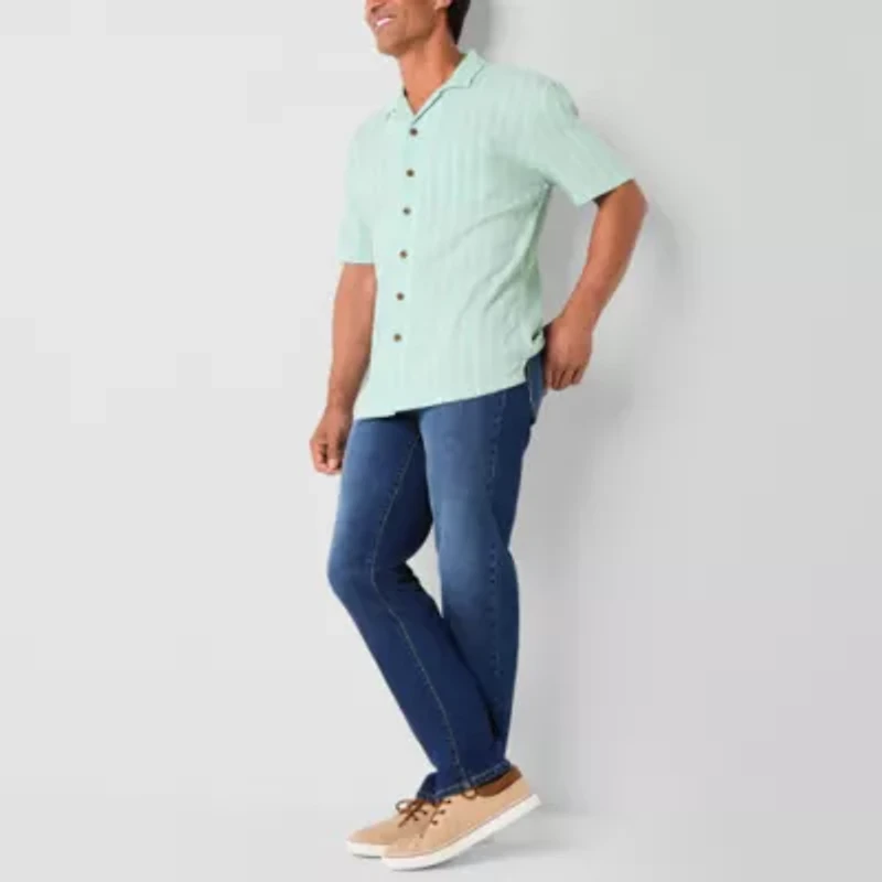 St. John's Bay Textured Button-Down Mens V Neck Short Sleeve Camp Shirt