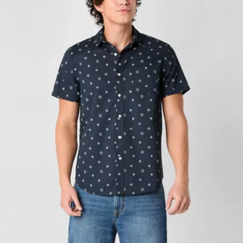 Arizona Mens Easy-on + Easy-off Short Sleeve Regular Fit Button-Down Shirt