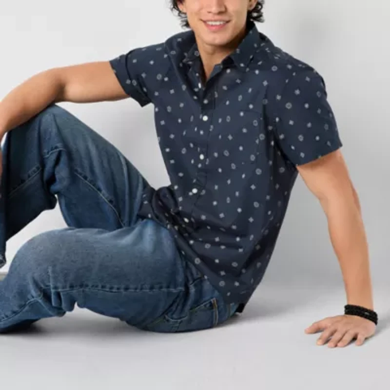 Arizona Mens Easy-on + Easy-off Short Sleeve Regular Fit Button-Down Shirt