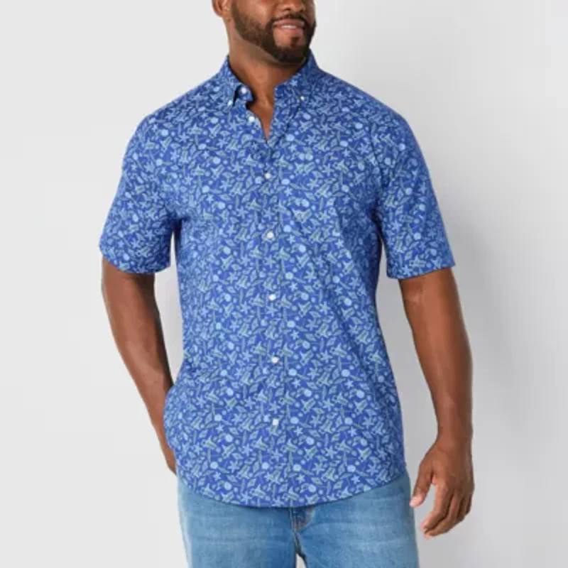 St. John's Bay Stretch Poplin Mens Short Sleeve Classic Fit Fabric Big and Tall Button-Down Shirt