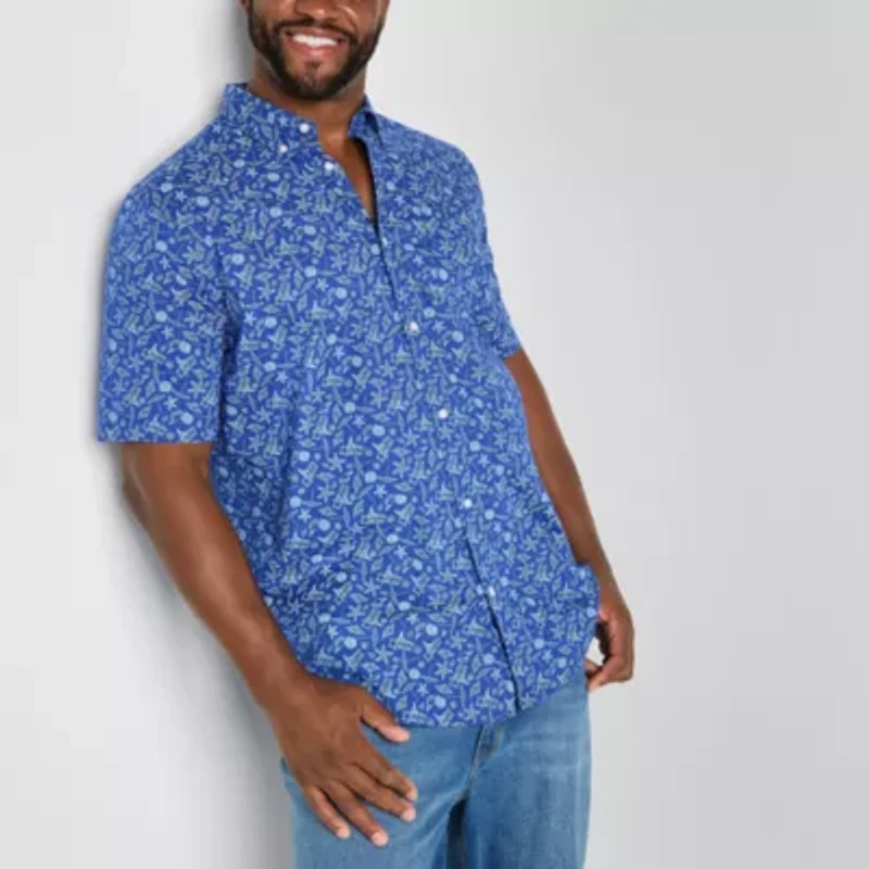 St. John's Bay Stretch Poplin Mens Short Sleeve Classic Fit Fabric Big and Tall Button-Down Shirt