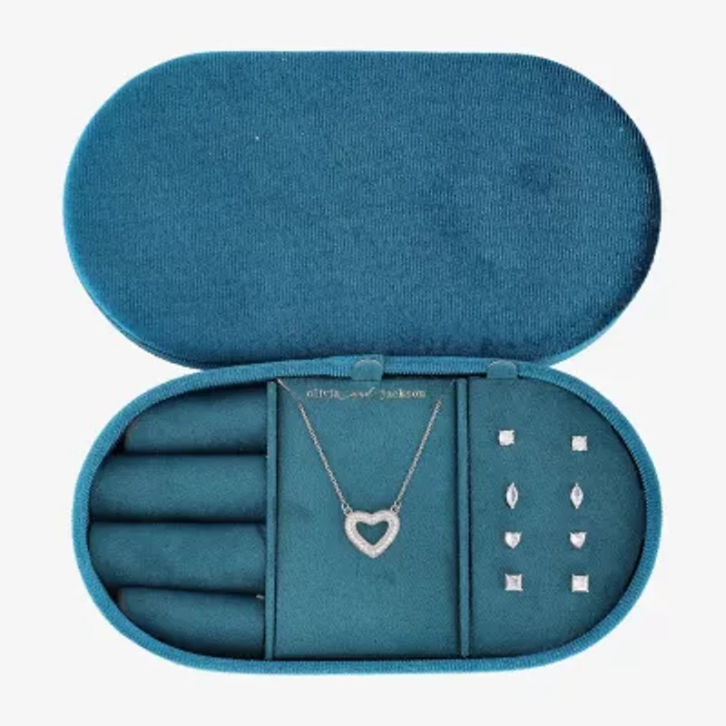 olivia and jackson Womens Cubic Zirconia Pure Silver Over Brass Heart Round Marquise 5-pc. Jewelry Set with Travel Case