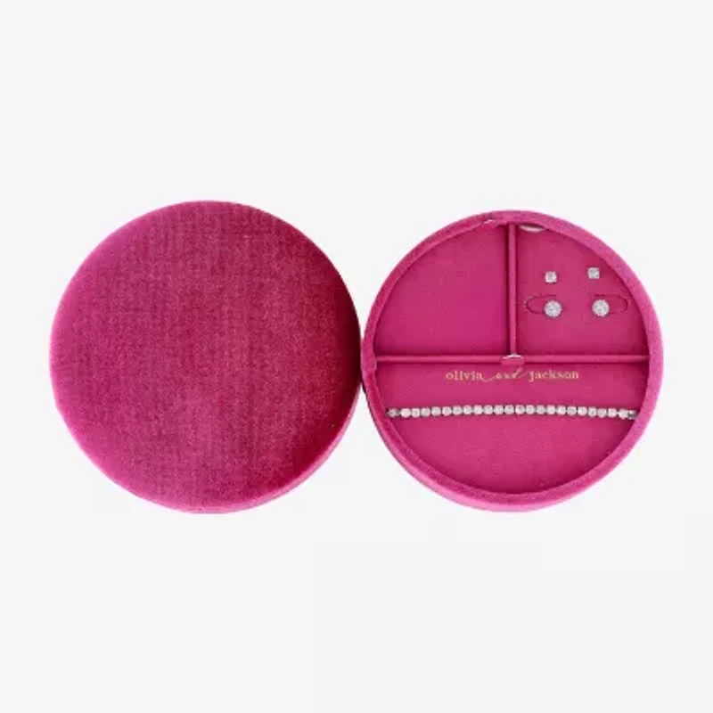 olivia and jackson Womens Cubic Zirconia Pure Silver Over Brass Round 3-pc. Jewelry Set with Travel Case