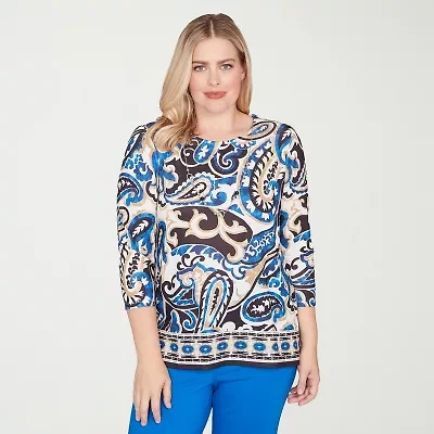 Alfred Dunner Barcelona Womens Crew Neck 3/4 Sleeve T-Shirt