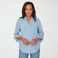 Alfred Dunner Hilton Head Womens 3/4 Sleeve Button-Down Shirt