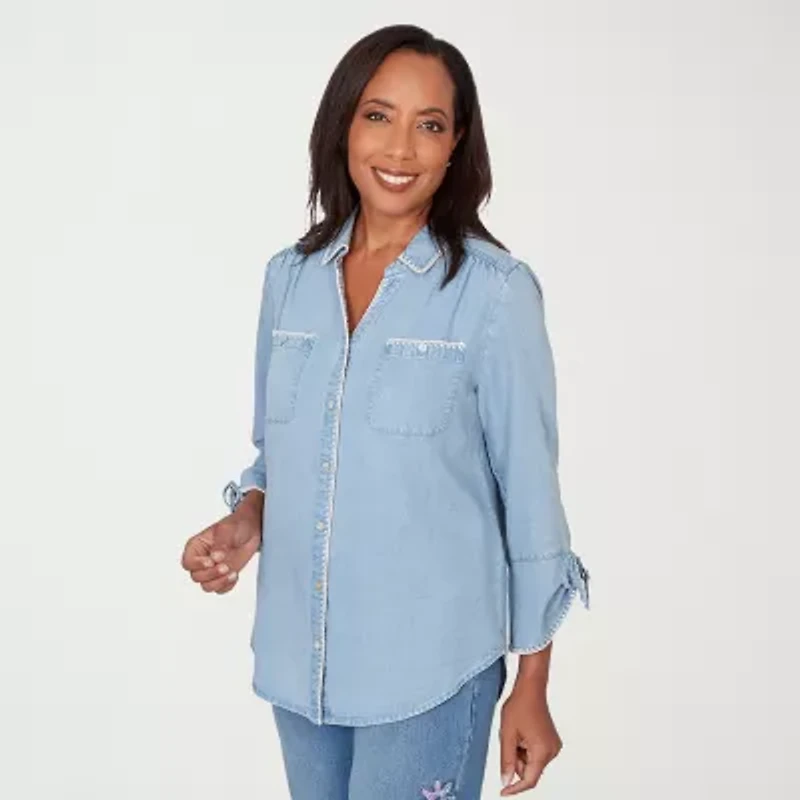 Alfred Dunner Hilton Head Womens 3/4 Sleeve Button-Down Shirt