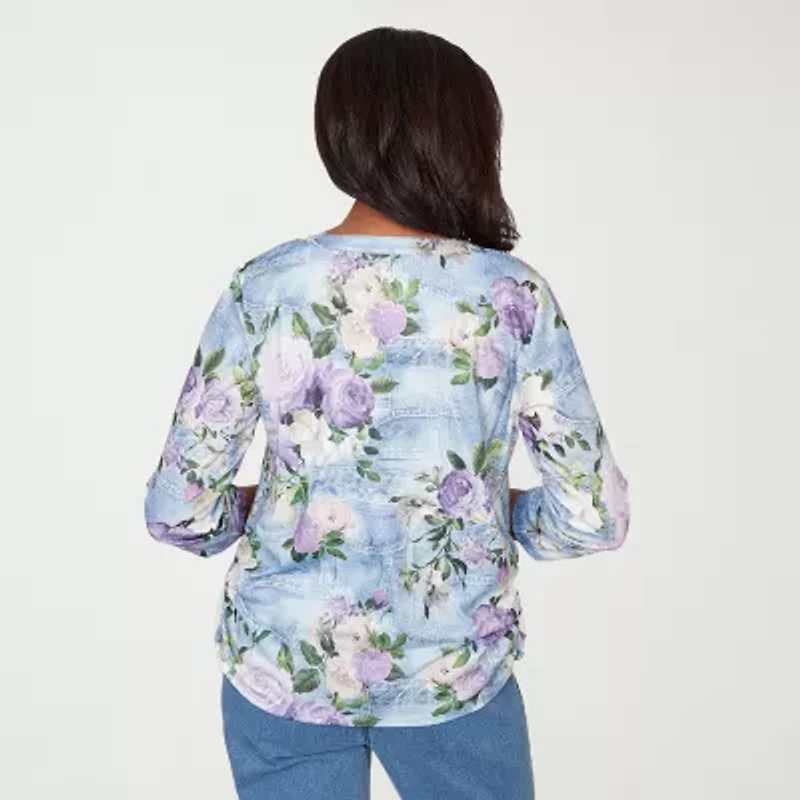 Alfred Dunner Hilton Head Womens 3/4 Sleeve Henley Shirt