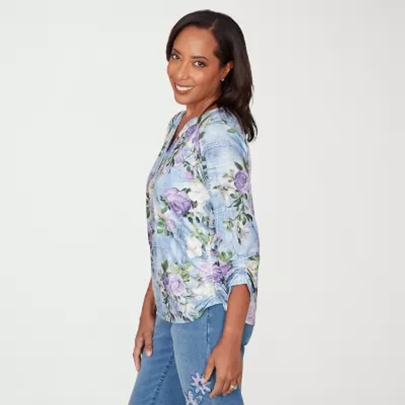 Alfred Dunner Hilton Head Womens 3/4 Sleeve Henley Shirt