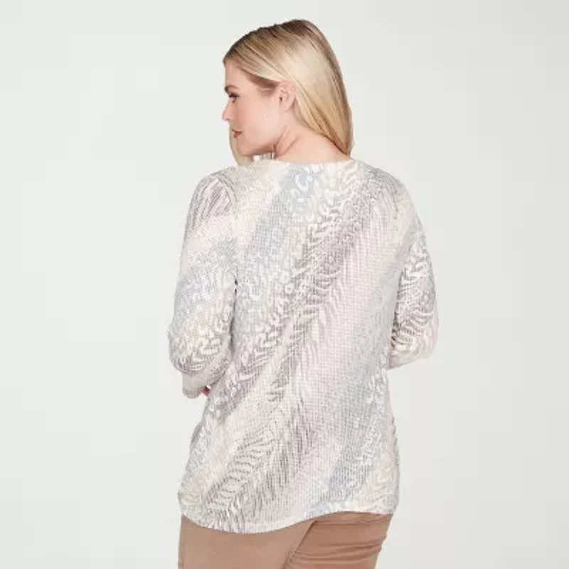 Alfred Dunner Vienna Womens Plus V Neck 3/4 Sleeve T-Shirt