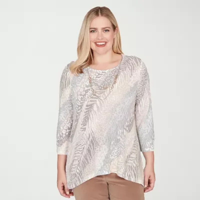 Alfred Dunner Vienna Womens Plus V Neck 3/4 Sleeve T-Shirt