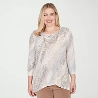 Alfred Dunner Vienna Womens Plus V Neck 3/4 Sleeve T-Shirt