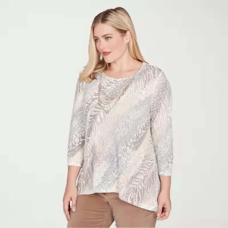 Alfred Dunner Vienna Womens Plus V Neck 3/4 Sleeve T-Shirt