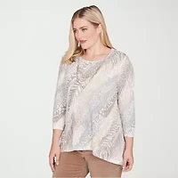 Alfred Dunner Vienna Womens Plus V Neck 3/4 Sleeve T-Shirt