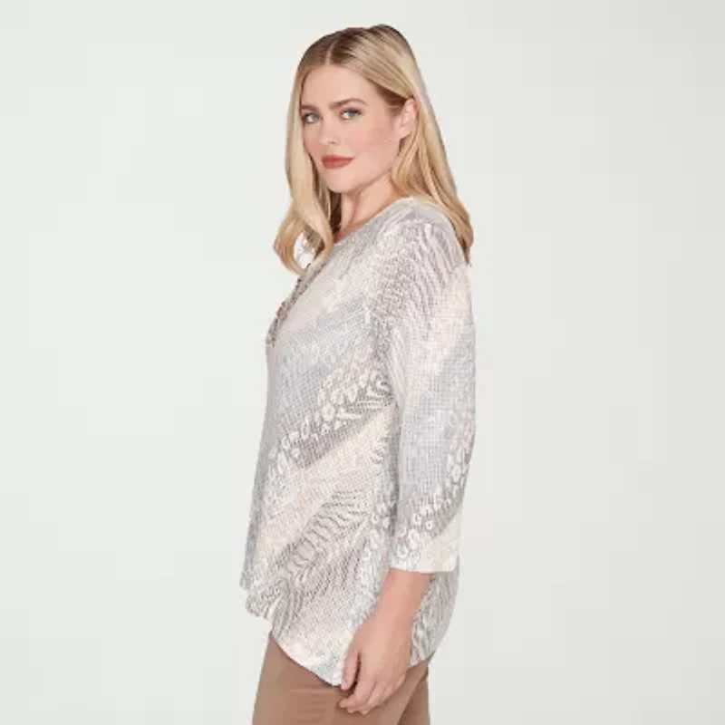 Alfred Dunner Vienna Womens Plus V Neck 3/4 Sleeve T-Shirt