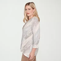 Alfred Dunner Vienna Womens Plus V Neck 3/4 Sleeve T-Shirt