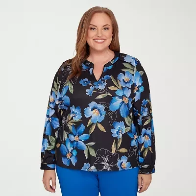 Alfred Dunner Barcelona Womens Plus Split Crew Neck Long Sleeve T-Shirt