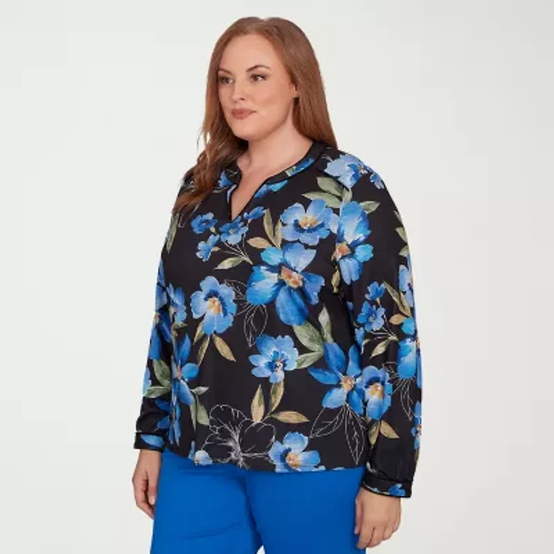 Alfred Dunner Barcelona Womens Plus Split Crew Neck Long Sleeve T-Shirt