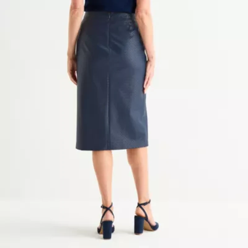 Liz Claiborne Womens Mid Rise Midi Faux Leather A-Line Skirt