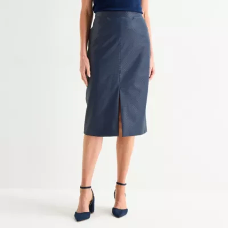Liz Claiborne Womens Mid Rise Midi Faux Leather A-Line Skirt