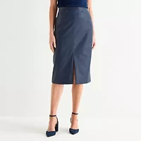 Liz Claiborne Womens Mid Rise Midi Faux Leather A-Line Skirt