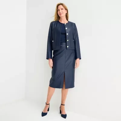 Liz Claiborne Womens Mid Rise Midi Faux Leather A-Line Skirt